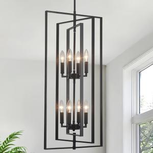 Entry Chandeliers for High Ceilings 8 Lights Black Farmhouse Chandelier Lantern Tiered Light Fixtures Rustic Industrial Hight Ceiling Lighting for Entryway Living Room Kitchen Staircase