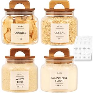 4 Pack Glass Pantry Storage Containers with 132 Pantry Labels - 37 FL OZ Kitchen Glass Canisters with Bamboo Airtight Lids - Farmhouse Glass Pantry Jars for Cookie, Rice, Pasta, Cereal, Bath Salt