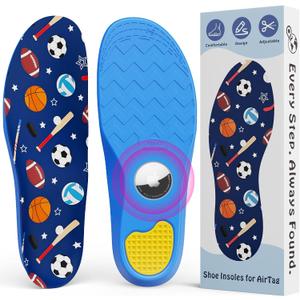 Insoles with Hidden AirTag Holder Slot, Compatible with Apple AirTag Tracker, Tracking Device Insert Case for Kids Adults and Elderly, Sports Ball Pattern & Enhanced Grip Design, Blue(175-190mm)