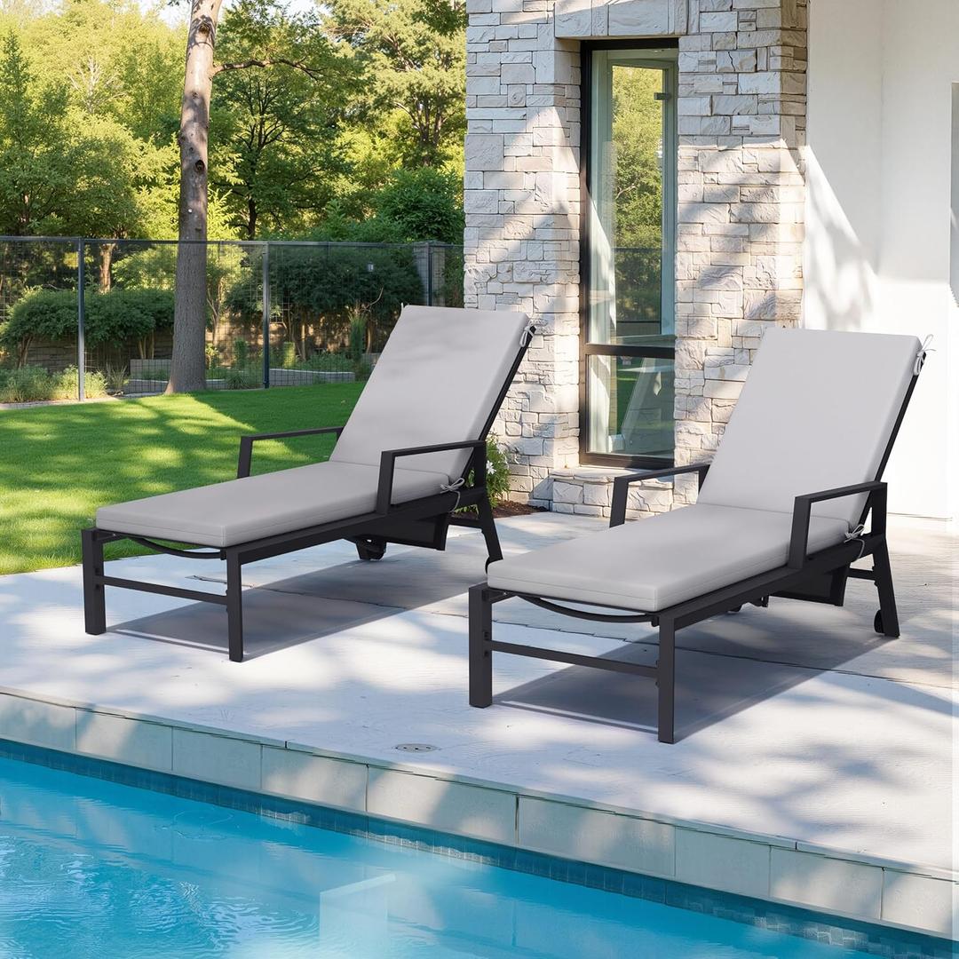 Crestlive Outdoor Chaise Lounge Cushions, 3 Years Fade Resistant Water Resistant Lounge Chair Cushion, 72''L x 21''W, Set of 2, Light Gray