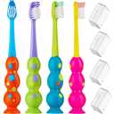 Kids Toothbrush 4 Pack - Soft Bristles with Suction Cup - Toothbrush Kids, Child Sized Brush Heads, 3-10 Year Old Kid Toothbrush with Easy Storage - Toddler, Girl and Boy Set (4-Pack, Multi-Color)
