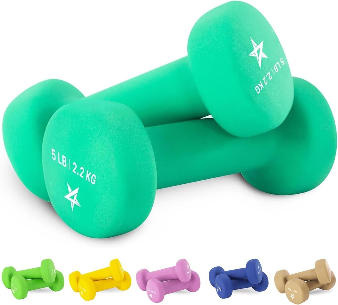 Yes4All Neoprene Coated Dumbbell Hand Weight Sets of 2 - Multiple Weight Options with 15 Colors, Anti-roll, Anti-Slip, Hexagon Shape (D. Dark Green - 5lbs - Pair)