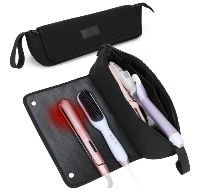 Travel Essentials Neoprene Hair Style Tools Bag w/Heat Resistant Mat for Flat or Curling Irons, Straighteners Accessories, Gifts for Women Mom Daughter Sister Friends for Birthday (Pink)