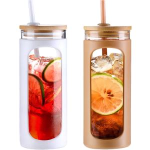 Kodrine 20oz Glass Tumbler with Straw and Lid, Bamboo Lids Water Bottle, Reusable Iced Coffee Cups, Wide Mouth Smoothie Cup with Protective Silicone Sleeve BPA FREE-White+Amber-2pack