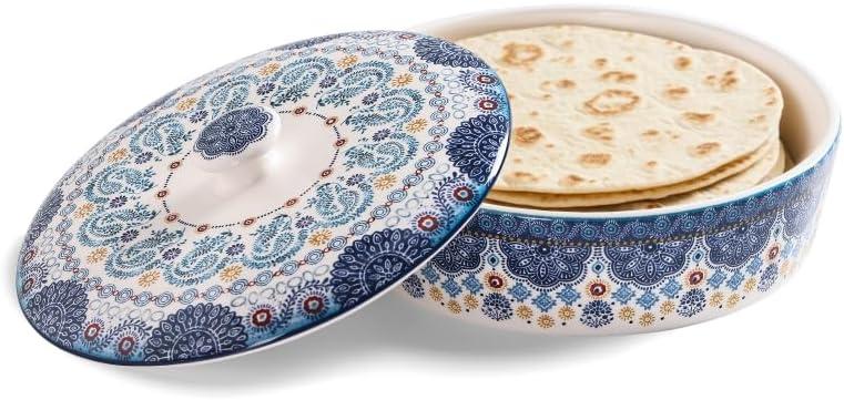 Bico Blue Talavera Ceramic Tortilla Warmer, 8.9 Inch Tortilla Holder with Lid for Taco Bread Pancake for Mexican Night and Party, Microwave and Dishwasher Safe