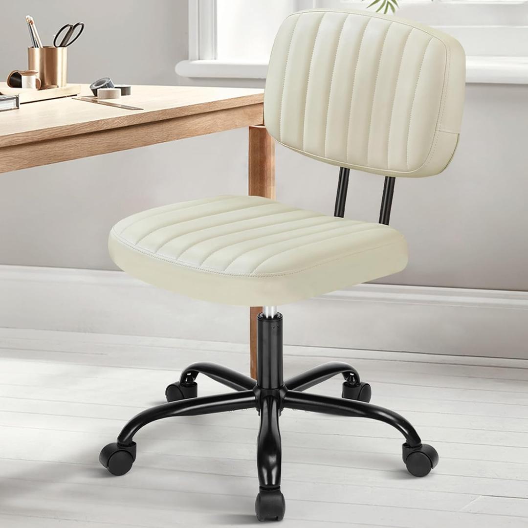 DUMOS Small Armless Home Desk Chair with Low Back Lumbar Support, Height Adjustable PU Leather Computer Task Chair with 360 Swivel Wheels, for Small Space, Kids and Adults, Beige White