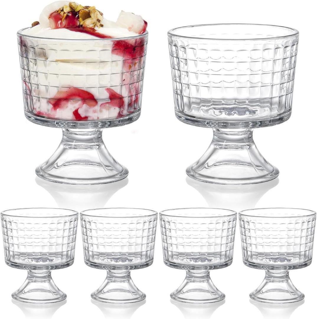 Peohud 6 Pack Glass Dessert Bowls, 10 Oz Footed Ice Cream Cups, Crystal Trifle Bowl Parfait Cup for Fruits, Pudding, Sundaes, Milkshakes, Nuts, Snack