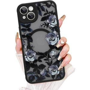 AIGOMARA for iPhone 15 Plus Case, Compatible with MagSafe, Cute Rose Flower Pattern with Semi-Transparent Frosted Phone Case for Woman Gilrs Soft TPU and PC Back Protective Slim Phone Cover Black