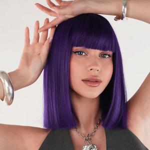 Purple Bob Wig with Bangs Short Straight Bob Wigs for Women - 12 Inch Heat Resistant Synthetic Hair for Halloween Party Cosplay Costume