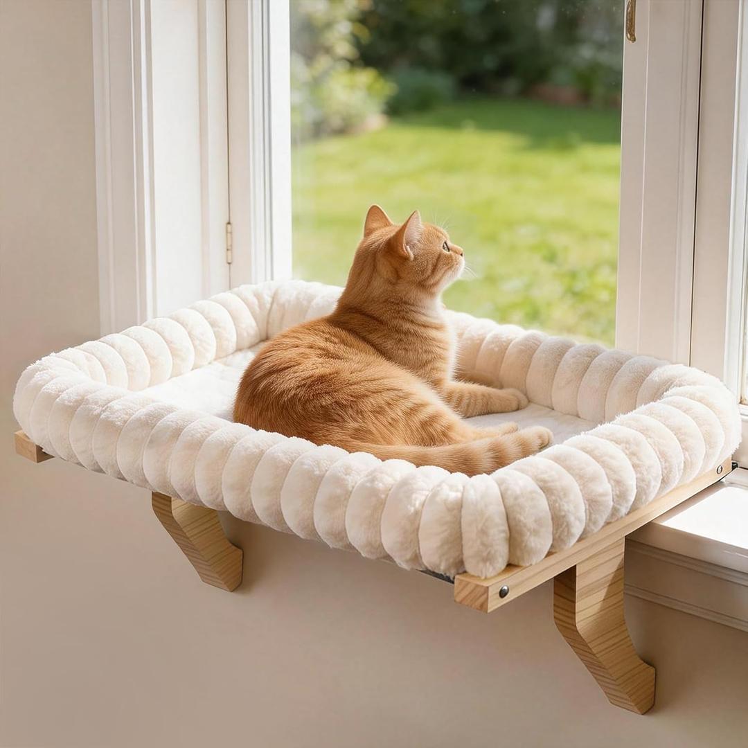 Cloud-Cuddle Cat Perch for Window Sill with Bolster, Natural Wood & Metal Frame Cat Window Seat for Large Cats, Easy to Adjust Zipper Cushion Pet Bed for Windowsill (Large)