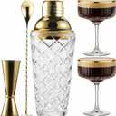 Cocktail Shaker Set with Coupe Glasses – 5-Piece Gift Set Includes Pineapple Glass Shaker with Gold Lid, Jigger, Bar Spoon & 2 Ribbed Gold-Rimmed Glasses – Bartender Kit for Home Bar
