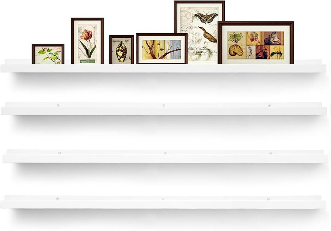 Picture Shelves for Wall,Long Floating Ledge Set of 4,Narrow Large Wood Rustic Photo Frames Vinyl Record Storage Display Nursery Kids Bookshelf Decor for Living Room Bedroom Kitchen,47'',White