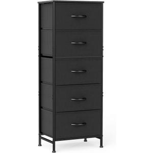 OLIXIS Tall 5 Drawer Fabric Dresser Storage Tower Bedroom Organizer, Black | Storage Unit with Removable Bins, Chest of Drawers with Sturdy Steel Frame, Tall Dressers for Closet, Living Room, Entryway