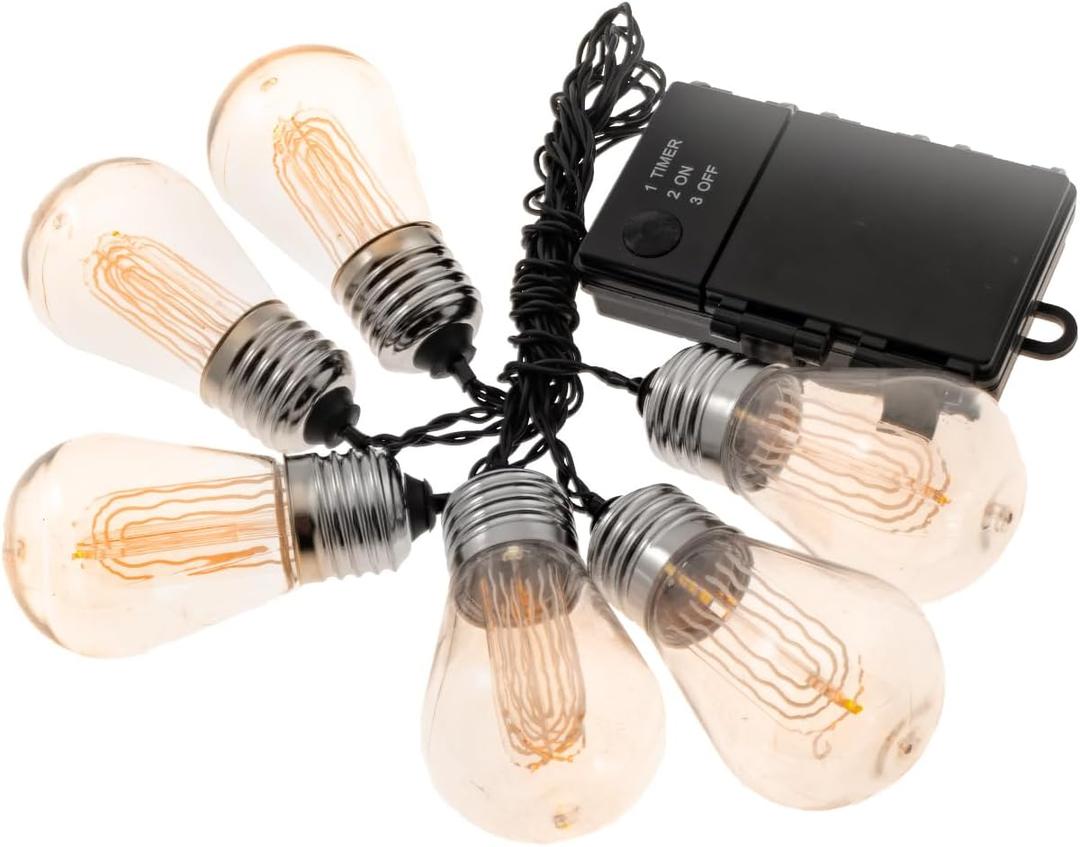 LitezAll LED Edison Bulb String Lights, Battery Operated Outdoor String Lights with Built-in Timer, Warm Glow Vintage Patio Lights for Indoor/Outdoor Decor & Gifting  6-Pack (Batteries Not Included)