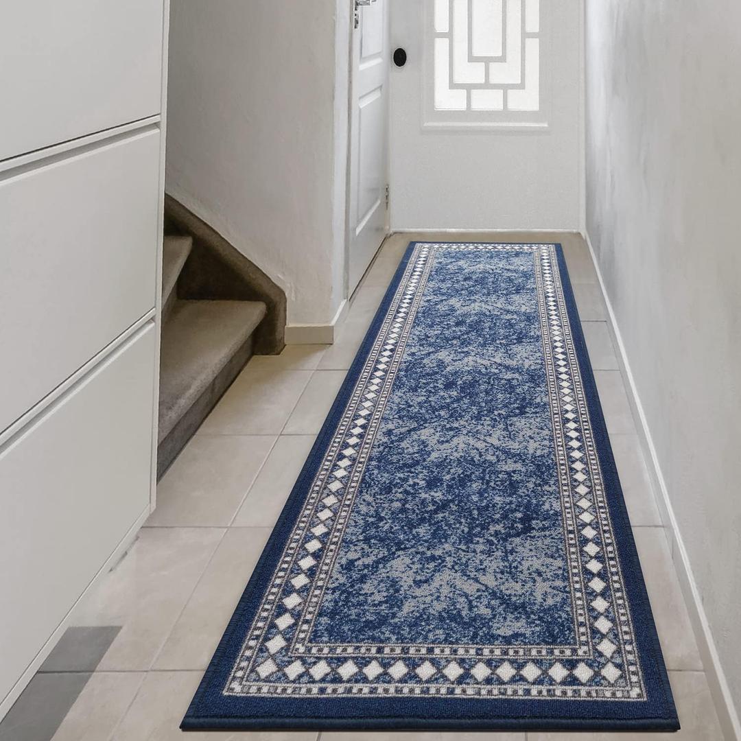 Antep Rugs Alfombras Modern Bordered 2x7 Non-Skid (Non-Slip) Low Profile Pile Rubber Backing Indoor Area Runner Rugs (Navy Blue, 2' x 7')