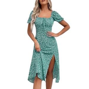 SPRIME Women's Floral Summer Casual Dress Square Neck Puff Sleeve Boho Midi Dresses Ruched High Waist Split Long Dress (Green Floral, X-Large)