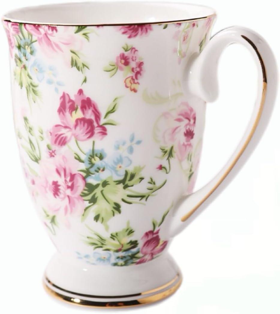Floral Coffee Mug Bone China Tea Mugs for Women, 10 oz Porcelain Coffee Mugs Ceramic Tea Cup Teacups with Handle Gift for Mom Friends Home Office (Pink/1pc)