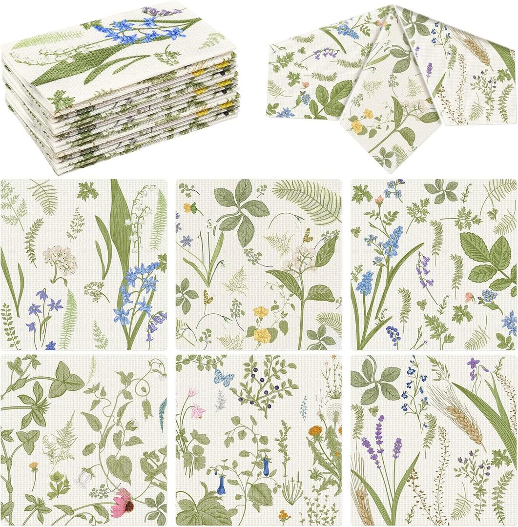 6 x Frienda 12 Pcs Wildflower Cocktail Coaster 6'' x 6" Spring Floral Reusable Fabric Coaster Washable Square Dinner Towel for Drink Coffee Bridal Shower Bachelorette Party Decoration