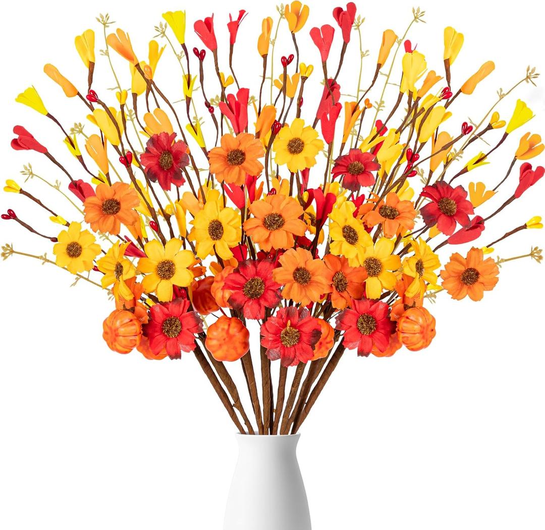 12Pcs Fall Flowers Decorations Artificial Floral Stems with Pumpkin Flower - Thanksgiving Decor Autumn Picks Arrangements for Home Vase Table Centerpieces