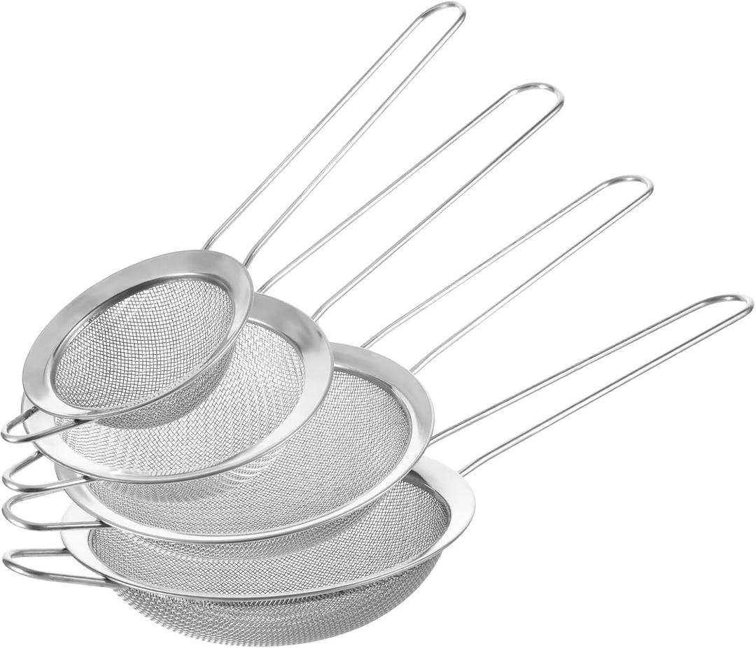 4 Pcs Stainless Steel Fine Mesh Strainer Small Metal Colanders and Sifters Sieves with Handles 4 Sizes Versatile Kitchen Strainer for Steeping Loose Leaf Tea Straining Juice and Sifting Flour Sugar