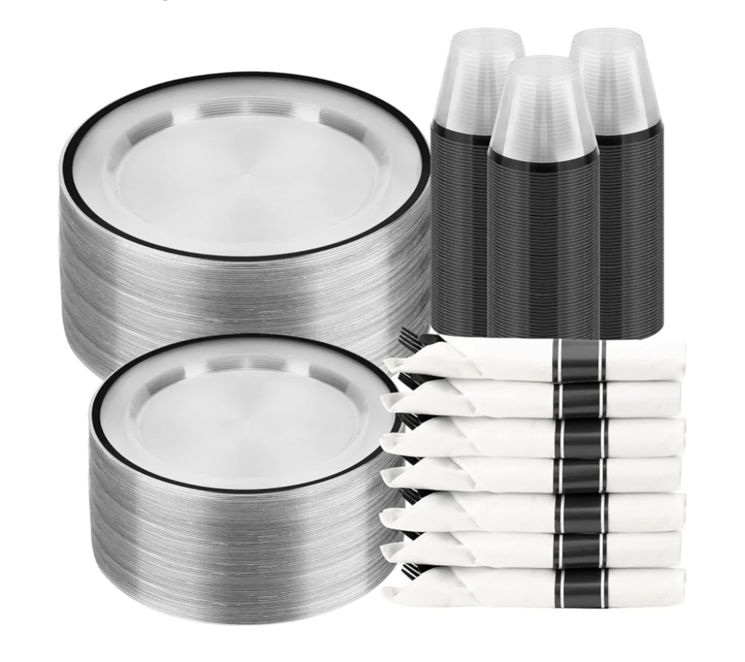 BESTSTAR 350PCS Clear and Black Disposable Plates Set for 50 Guests, 100 Plastic Plates, 50 Plastic Cups, 50 Pre-Rolled Napkins with Cutlery for Party, Thanksgiving, Birthday, Halloween, Christmas