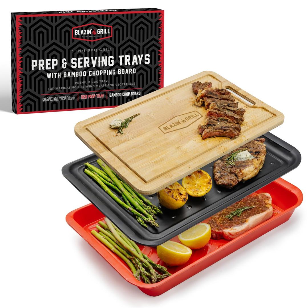 Blazin' Grill Prep and Serving Trays | Set of 3 Stackable, Melamine Trays with Bamboo Cutting Board | Trays for Marinating, Serving & Chopping | Serving Platter for Plating Food & BBQ Prep Tub |