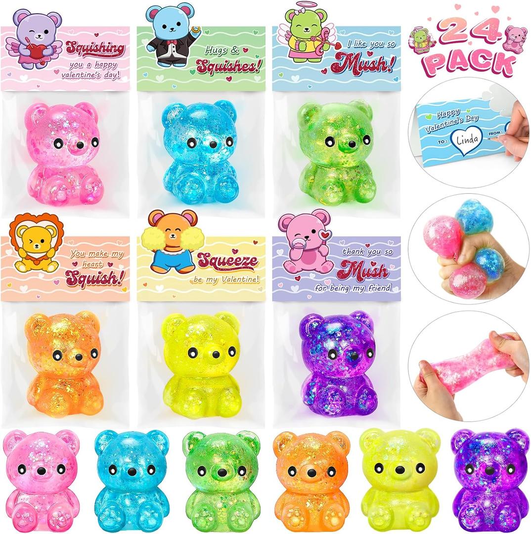 Valentines Day Cards for Kids School, 24 Pcs Cute Bear Squeeze Toys with Kids Valentines' Cards, Valentines' Day Exchange Gifts for Kids, Ideal Classroom Prize & Party Favors Supply