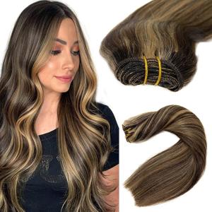 Sew in Hair Extensions Real Human Hair, Balayage Dark Brown and Blonde, 120G 24Inch Weft Hand Tied for Women (# 2P16 Dark Brown to Golden Blonde Highlights)