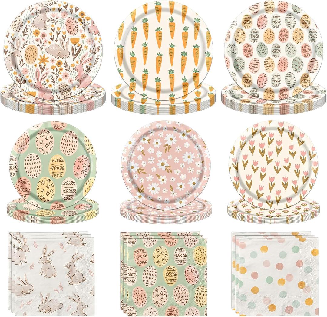 60Pcs Easter Plates and Napkins with Bunny Eggs Hunt Carrots Easter Party Supplies for Spring Birthday Party Baby Shower