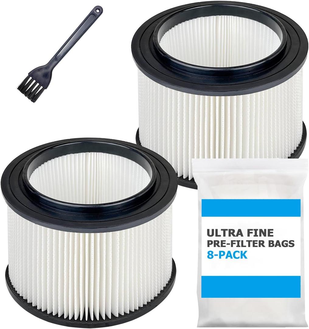2 Pack 17810 Filters Replacement for Craftsman 3 to 4 Gallon General Purpose Wet Dry Vacuum, Part# 9-17810, with 8 Pre-filter Bags & 1 Brush