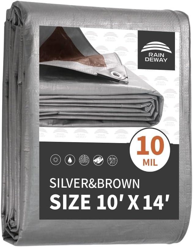 RAINDEWAY 10x14 Feet Tarps Heavy Duty Waterproof,10Mil Thick Multipurpose Poly Tarp Cover with Metal Grommets and Reinforced Edges,Silver/Brown Tarp