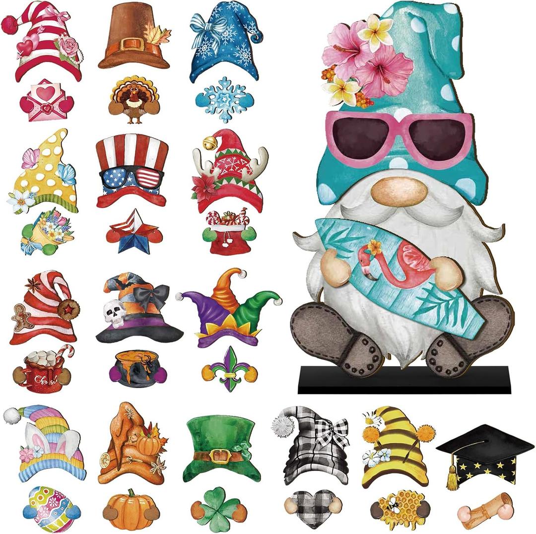 Blulu 34 Pcs Interchangeable Wooden Gnome Decor Summer 4th of July Patriotic Gnomes Welcome Sign Holiday Seasonal Tiered Tray Decor with Magnet Pieces for Gifts Decorations (Retro Watercolor)