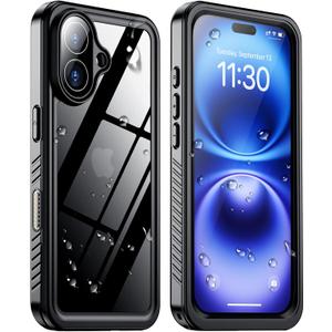 2025 New Designed for iPhone 16 Case Waterproof, [Built-in Screen Protector & Glass Camera Protector][Full Body Shockproof][IP68 Underwater][Dustproof][Dropproof] Phone Case for iPhone 16 6.1" (Black/Clear)