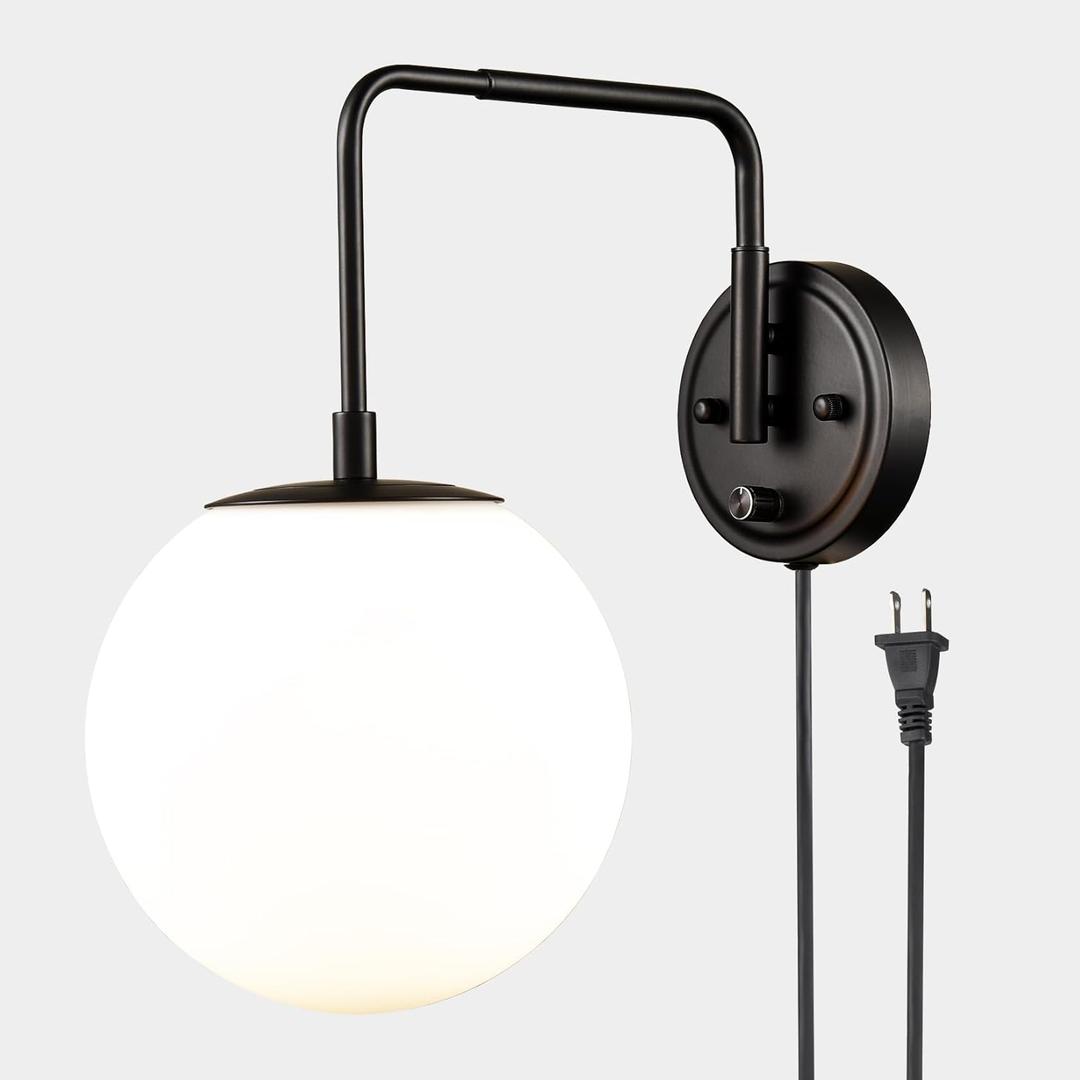 DAYCENT Farmhouse Plug-in Wall Sconces Black Swing Arm Globe Sconces Wall Lighting with On/Off Switch Plug-in Cord