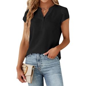 Blooming Jelly Women's Dressy Casual Tops Business Work Blouses White Button Down Shirts Cap Sleeve V Neck Tshirt (XX-Large, Black)