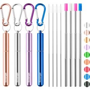 Cruise Ship Essentials,4-Pack reusable Collapsible Stainless Steel Drinking Straws with Aluminum Case, Cleaning Brush, and Keychains (Silver & rose gold & blue & purple)