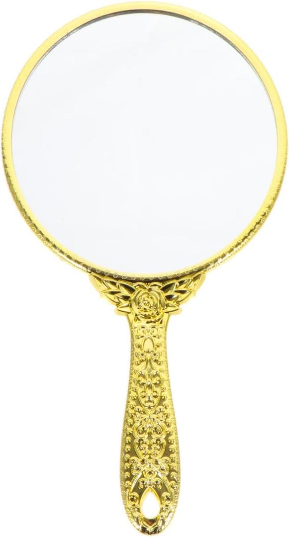 POPETPOP Vintage Compact Handheld Mirror: 24x13cm Golden Framed Round Makeup Mirror for Dressing Room