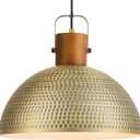 ELYONA 16 Inch Large Hammered Pendant Light Fixtures Ash Wood Vintage Dome Hanging Lamp Antique Gold Metal Kitchen Chandelier for Island, Farmhouse Dining Room Living Room Hallway Brushed Brass