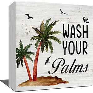 Palm Tree Tropical Bathroom Decor, Wash Your Palms Wood Box Sign Bathroom Decorations for Wall Shelf Toilet Restroom Desk Retro Plaque Keepsake 5 x 5 Inches