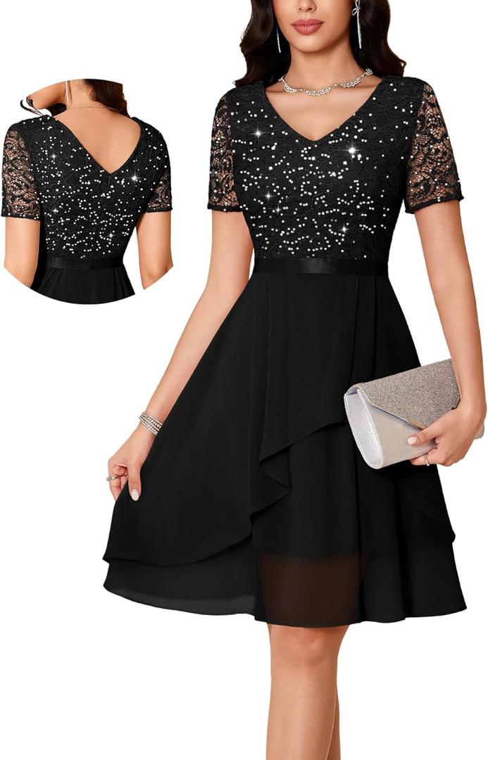 MUADRESS Women's Wedding Guest Dress for Cocktail 2026 A-Line Lace Sequin Chiffon Prom Dresses with V-Neck Short Sleeves (Black, XXL)