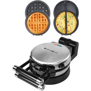 Health and Home 360 Rotating Belgian Multifunction Nonstick Baking Waffle Maker with 2 sets of Interchangeable Belgian Waffle and Omelet Baking plates