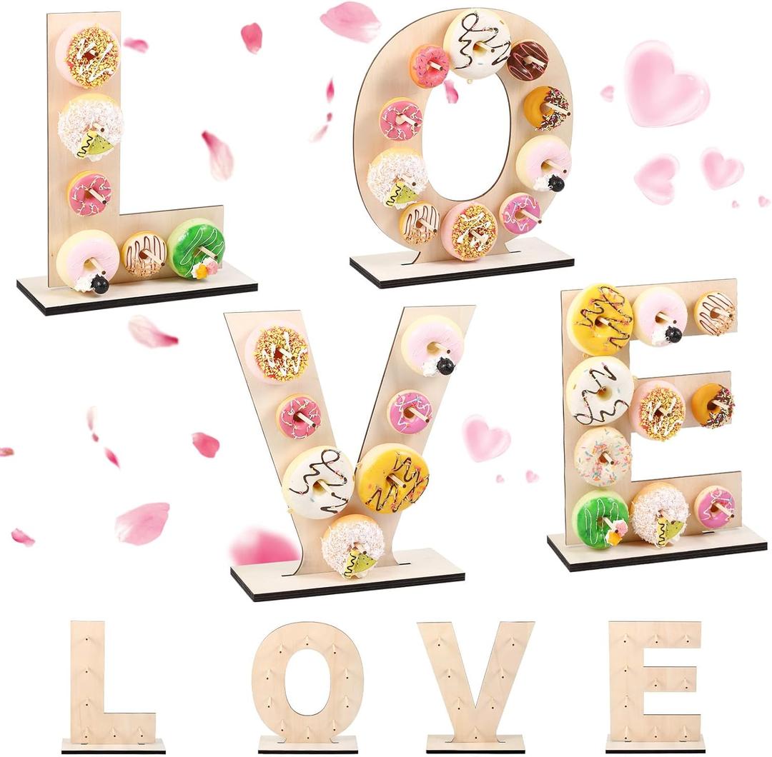 Letter Donut Stand Wooden Stand Display Donut Display Board Wall Holder Board for Wedding Birthday Party Anniversary Valentine Festival Dessert Table Decor(Love)