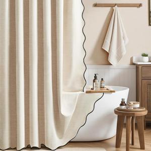 BTTN Beige Scalloped Shower Curtain, Boho Linen Textured Heavy Duty Shower Curtain Set with 12 Plastic Hooks, Elegant Decorative Waterproof Fabric Shower Curtains for Bathroom - 72x72 - Cream