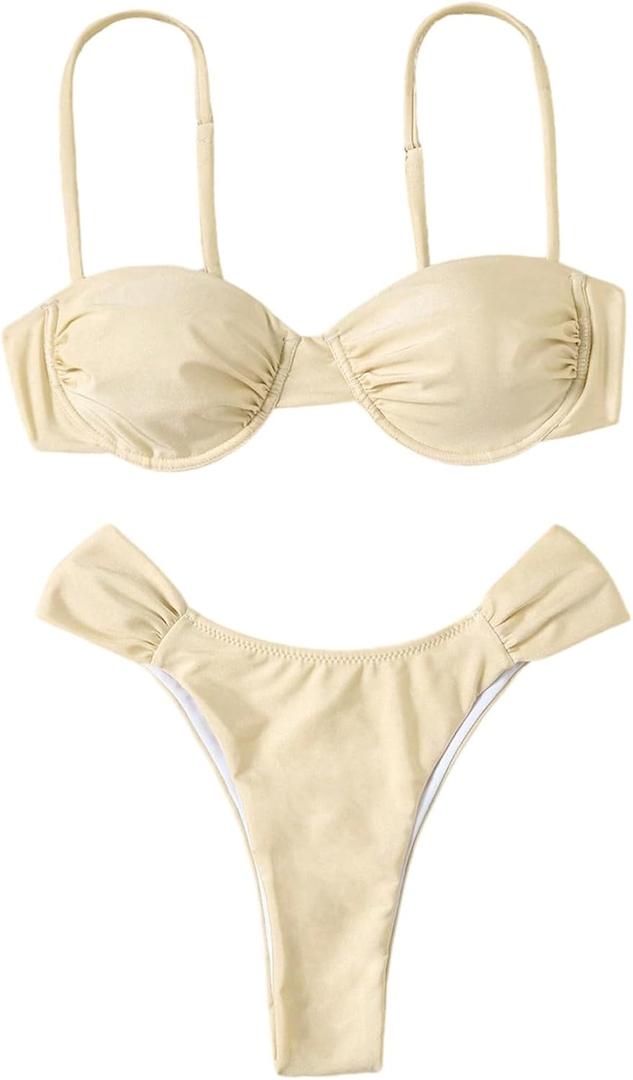 SweatyRocks Women's Two Piece Swimsuit Ruched High Cut Mid Rise Bikini Sets Swimwear (Large, Apricot)