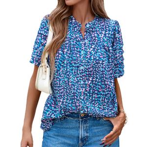 MASCOMODA Womens Tops Summer Boho Floral Short Sleeve Button Down Shirts Crewneck Loose Vacation Dressy Casual Work Blouses (M)