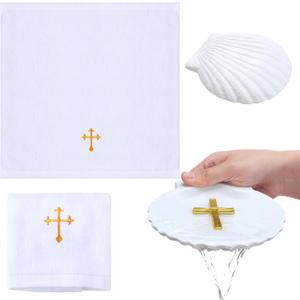 Baptism Towel with Baptism Shell Set Include Baptism Cloth Christening Towel with Embroidery Cross Shell Baptism Bowl Baptismal Gifts for Baptism Activity Party