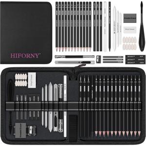 HIFORNY 42 PCS Drawing Set, Sketching Kit with Graphite & Charcoal Pencils, Blending Tools, Erasers & Accessories, Portable Zippered Travel Case for Artists & Beginners