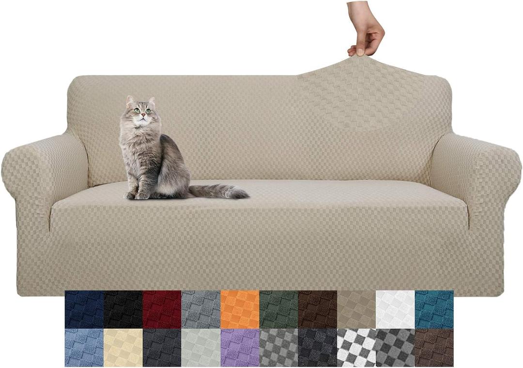 YEMYHOM Couch Cover Latest Jacquard Design High Stretch Sofa Covers for 3 Cushion Couch, Pet Dog Cat Proof Slipcover Non Slip Magic Elastic Furniture Protector (Sofa, Khaki)
