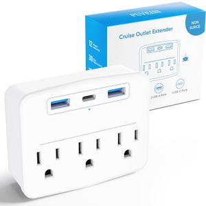 Cruise Power Strip Foldable Plug Non Surge Protector with USB C Outlets 3.4A Total, Cruise Ship Essentials, 2 Prong to 3 Prong Outlet Adapter, Japan Plug Adapter (white)