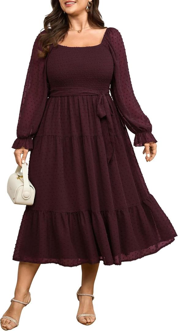 SCOMCHIC Women's Plus Size Dress Long Sleeve Square Neck Swiss Dot Chiffon Smocked A Line Ruffle Cocktail Maxi Dresses (XXXL)